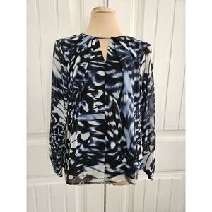 Calvin Klein Long Sleeve Abstract Print Chiffon Pleated Keyhole Neck Top Sz XS